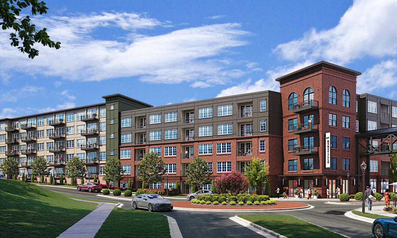 Front, outdoor view of LIV apartment complex with people walking by.
